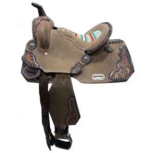 13" DOUBLE T   ROUGH OUT BARREL STYLE SADDLE WITH SOUTHWEST SERAPE PRINTED INLAY