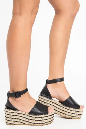 Black Faux Leather Peep Toe Buckle Detail Wedges - Tiegan