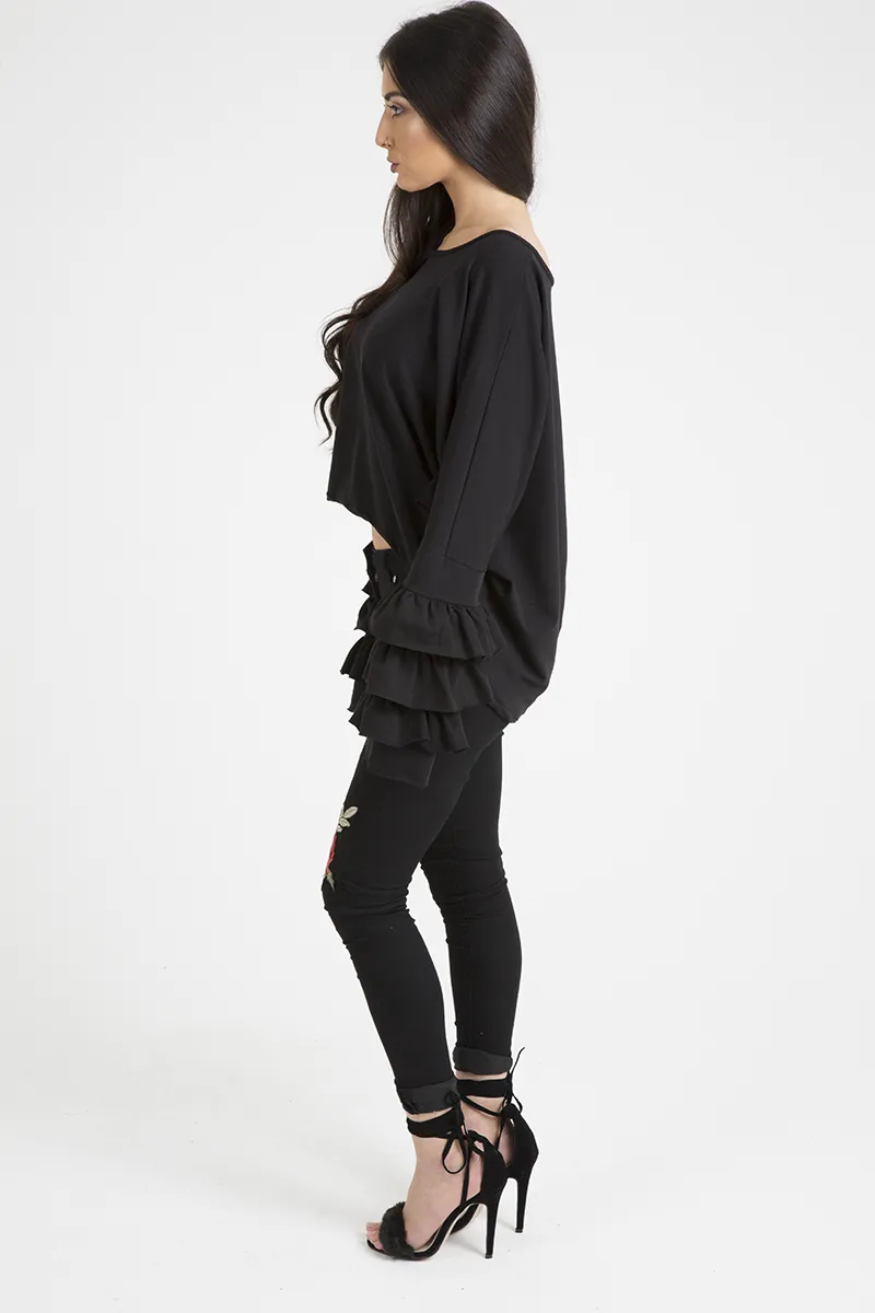 Black Oversized Frill Sleeve Top - Connie