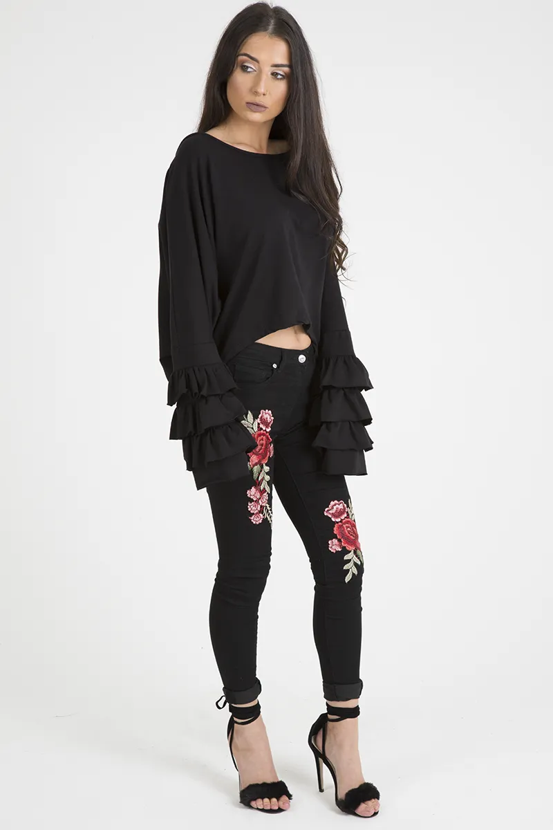 Black Oversized Frill Sleeve Top - Connie