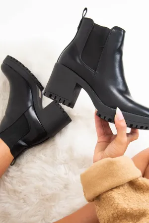 Black PU Chunky Heel Ankle Boots - Calee