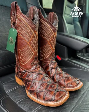 BROWN PIRARUCU FISH  BASS GENUINE EXOTIC | MEN SQUARE TOE COWBOY BOOTS