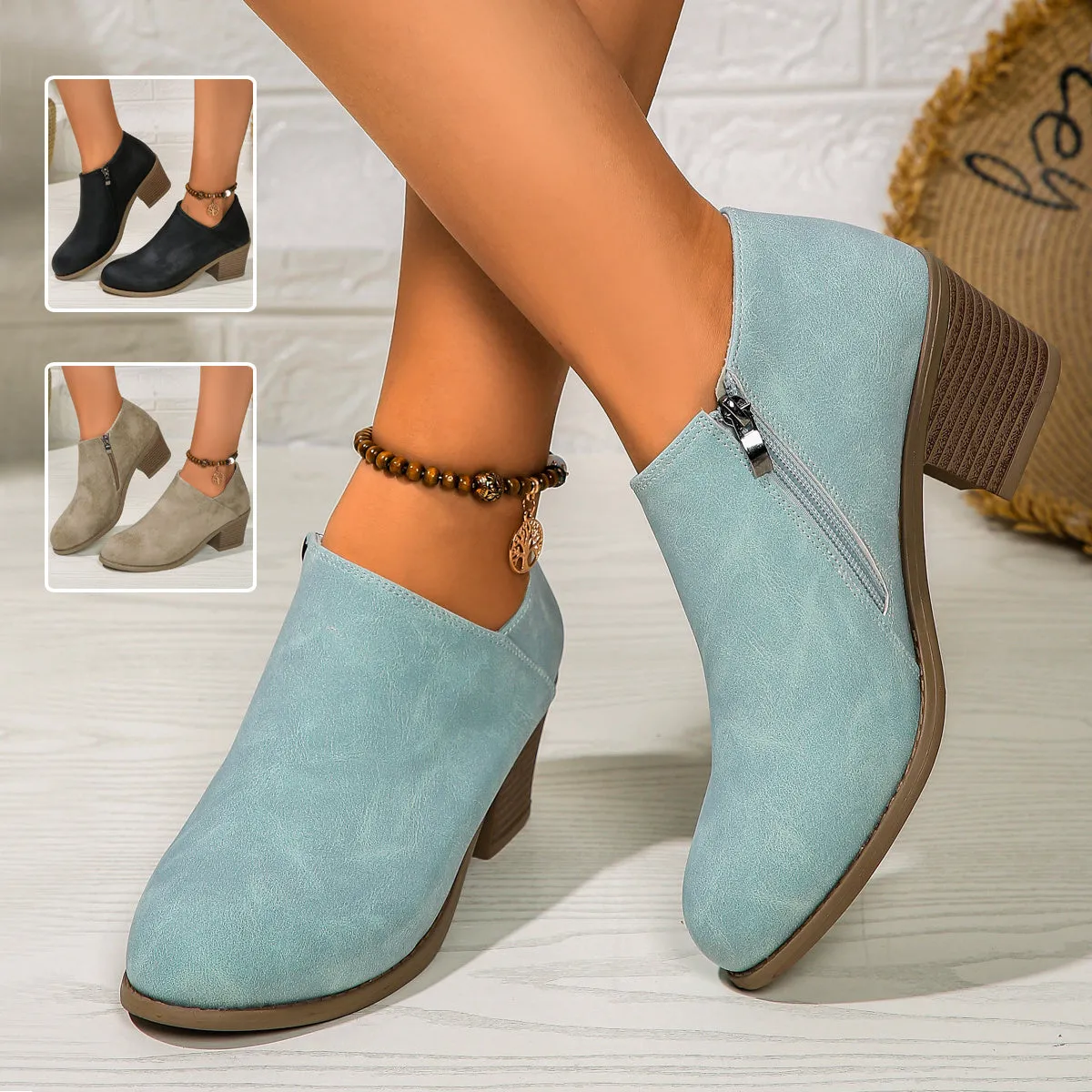 Chunky Heel Round Toe Boot Shoes With Side Zipper for Women