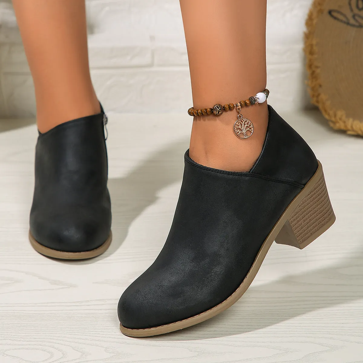 Chunky Heel Round Toe Boot Shoes With Side Zipper for Women