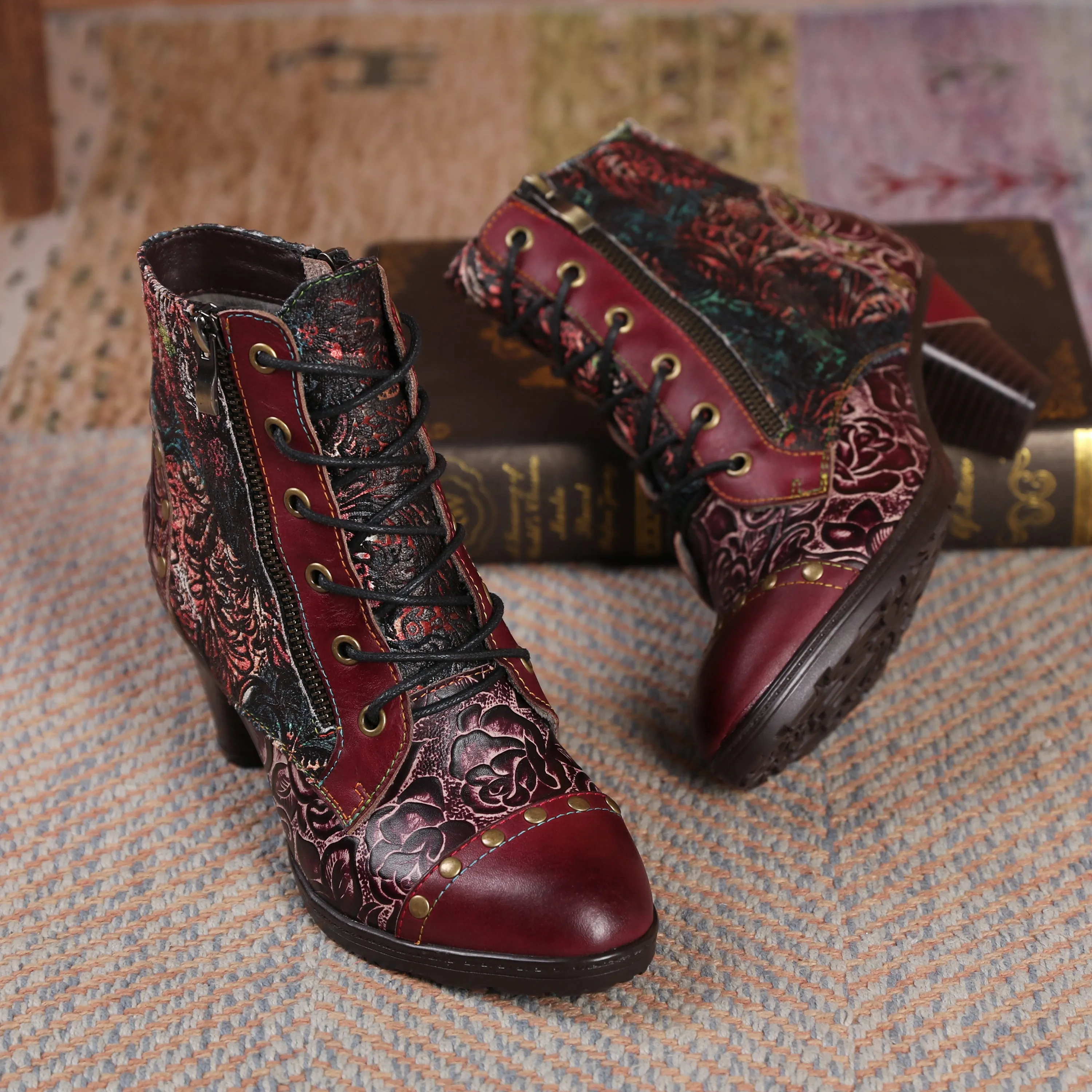 CrazycatZ Womens  Boots Bohemian Block Heel Leather Floral Boots Colorful Leather Heeled Ankle Boots Studded Red Wine