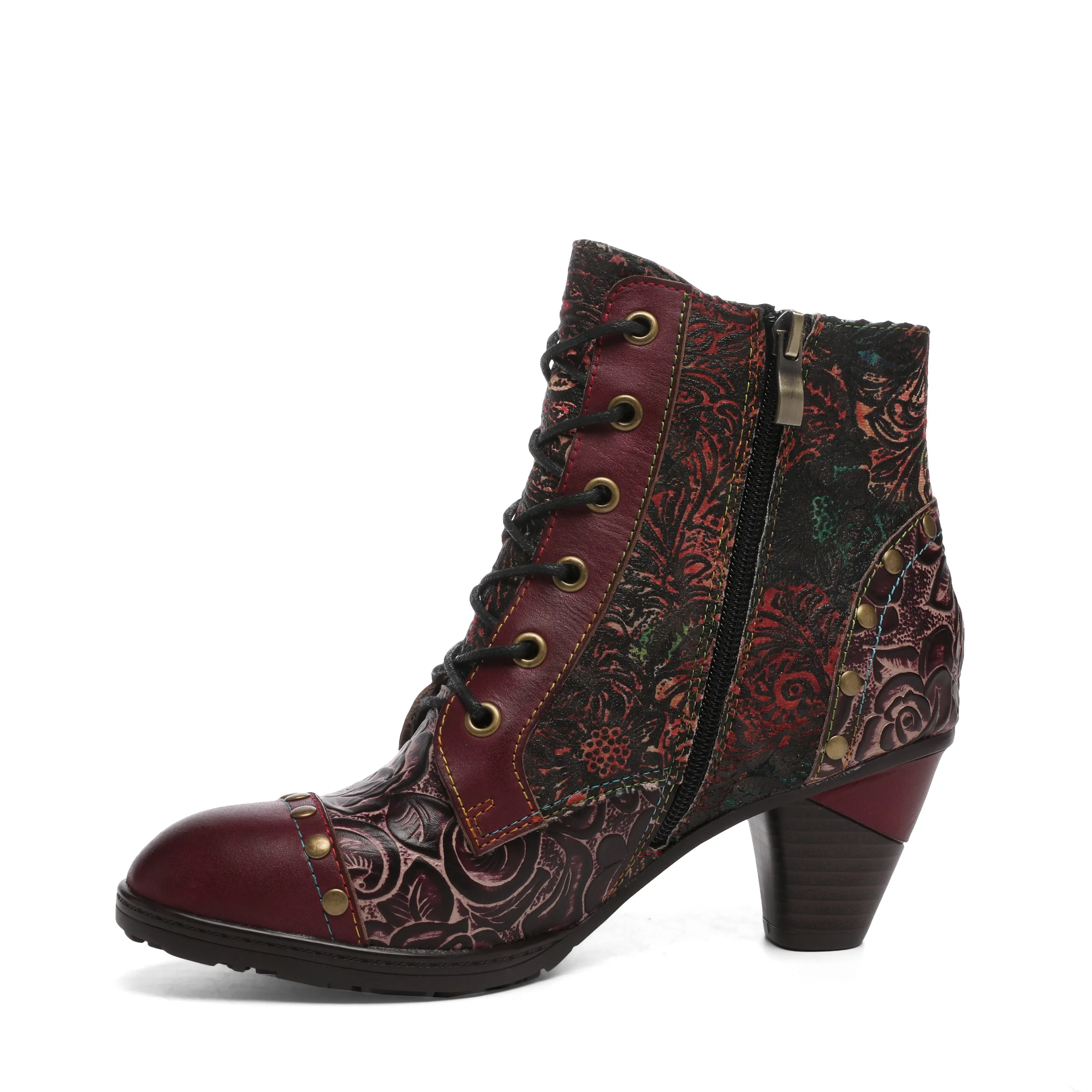 CrazycatZ Womens  Boots Bohemian Block Heel Leather Floral Boots Colorful Leather Heeled Ankle Boots Studded Red Wine