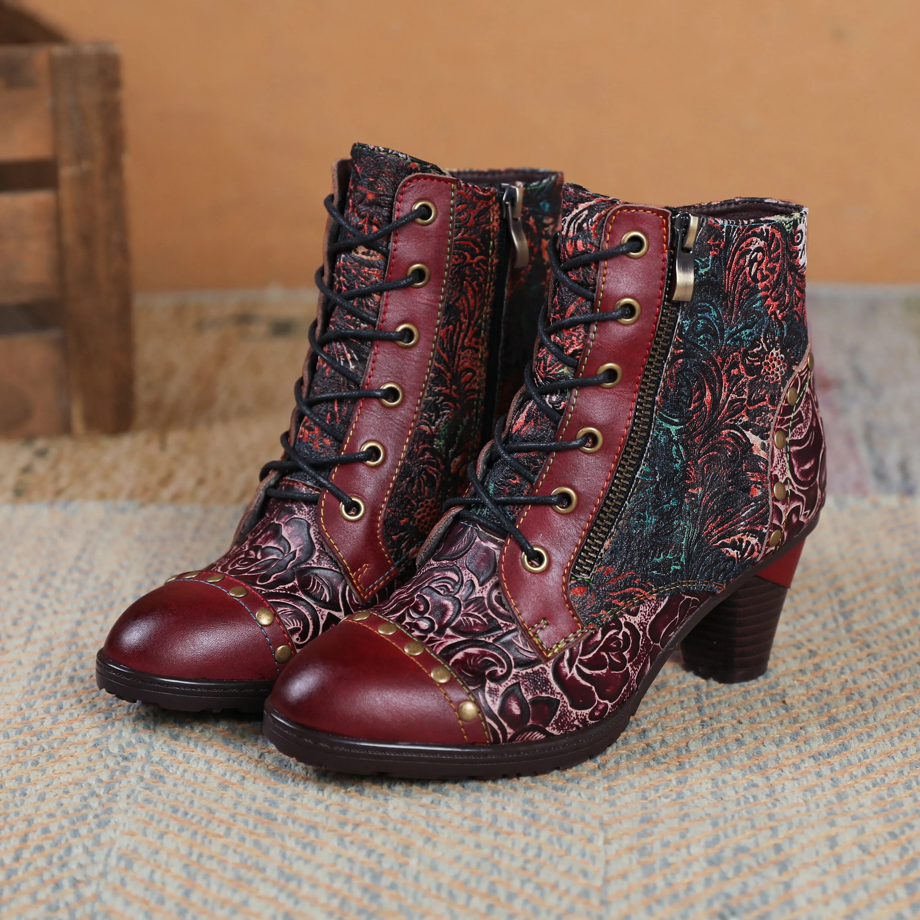 CrazycatZ Womens  Boots Bohemian Block Heel Leather Floral Boots Colorful Leather Heeled Ankle Boots Studded Red Wine