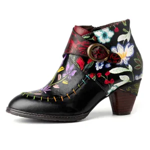 CrazycatZ Womens  Boots Floral Block Heel Leather Western Boots Colorful Leather Boots Black