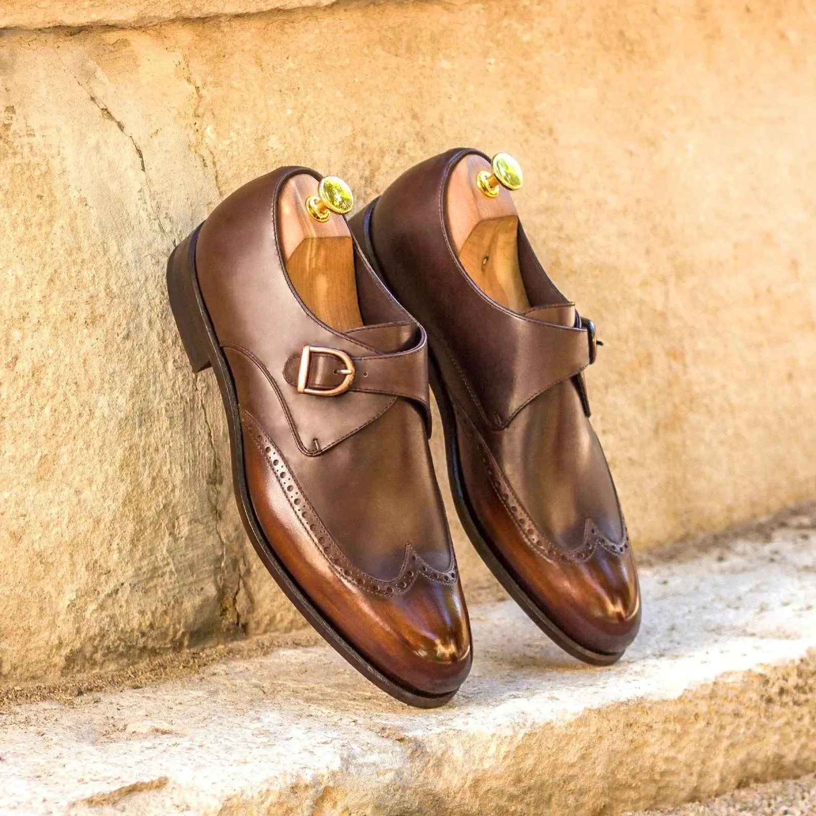 DapperFam Brenno in Dark Brown / Brown Men's Italian Leather & Hand-Painted Patina Single Monk