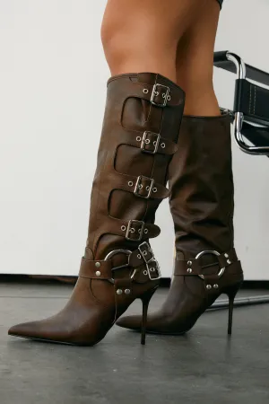 Kaycee Below The Knee High Heel Moto Boots - Brown