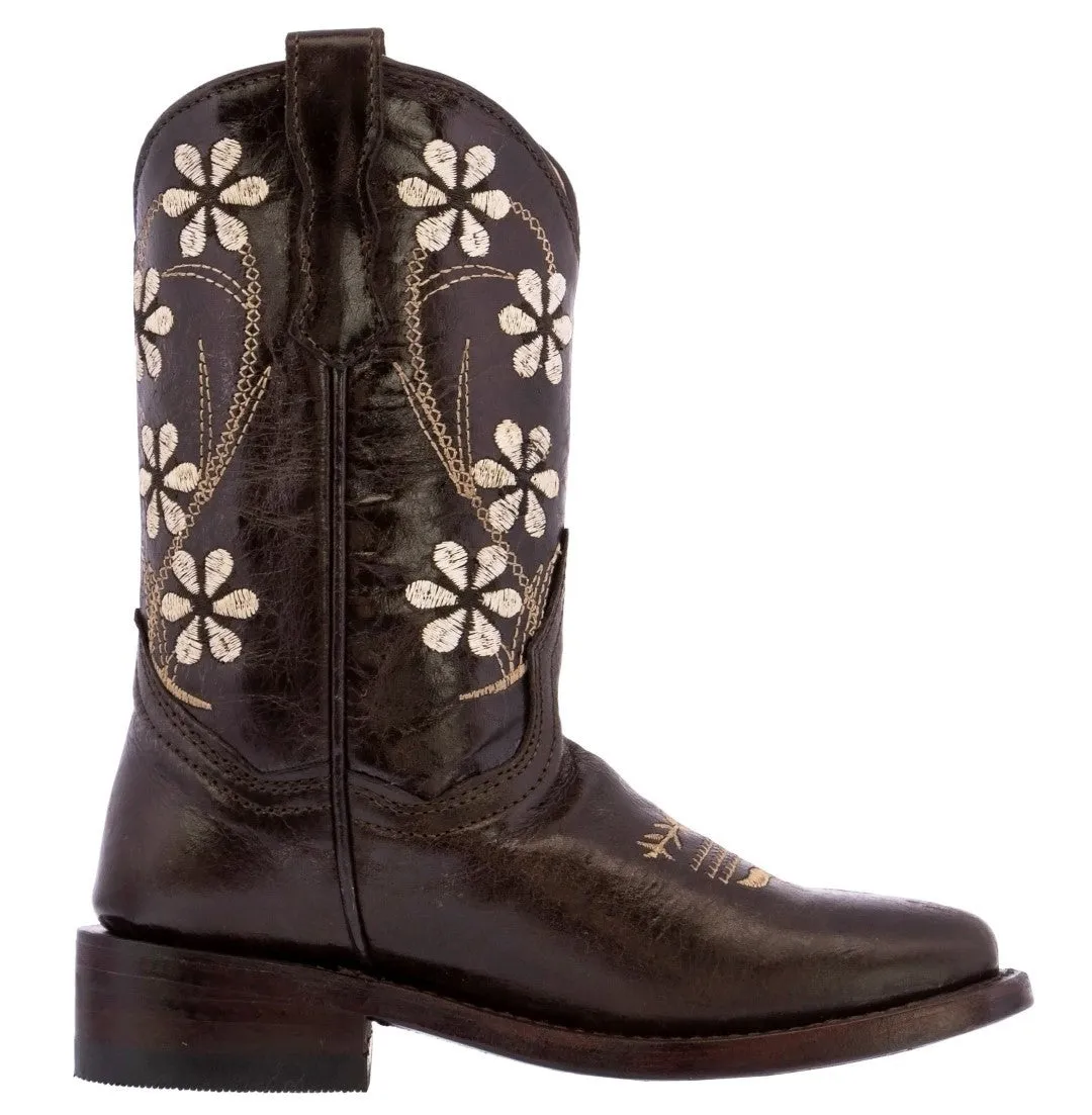 Kids FLWR Dark Brown Western Cowboy Boots Floral Leather - Square Toe