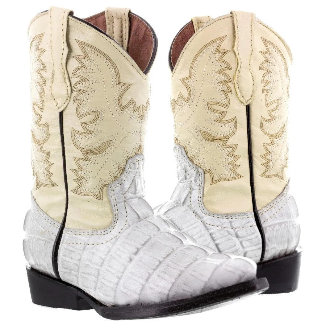 Kids Off White Alligator Tail Print Leather Cowboy Boots J Toe