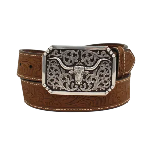 M&f Men's Western Floral Tooled Longhorn Embossed Buckle Belt