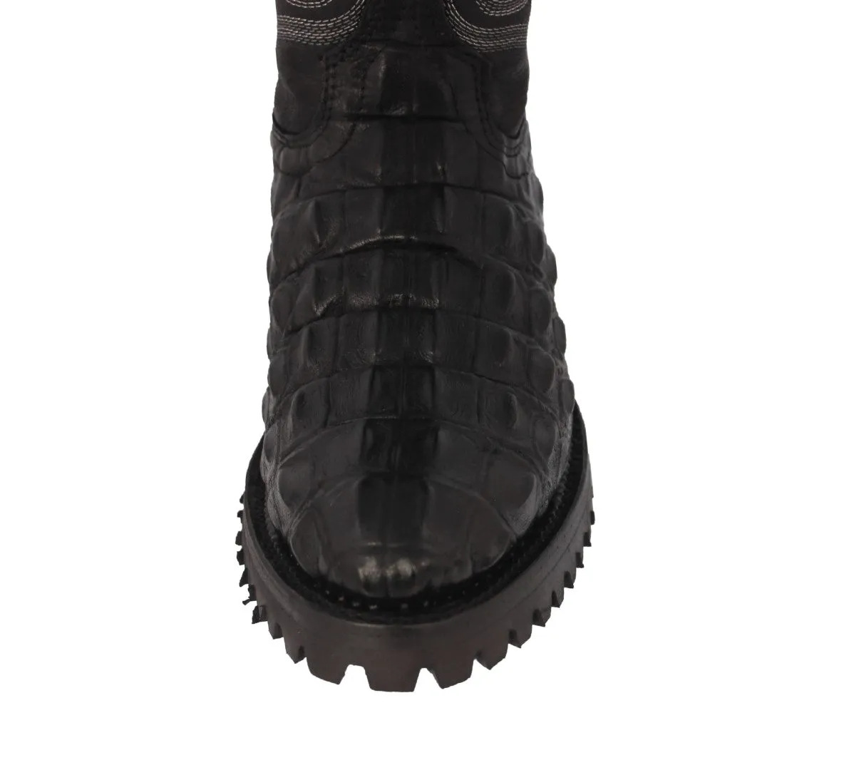 Mens Black Motorcycle Boots Crocodile Back Cut Print - Round Toe