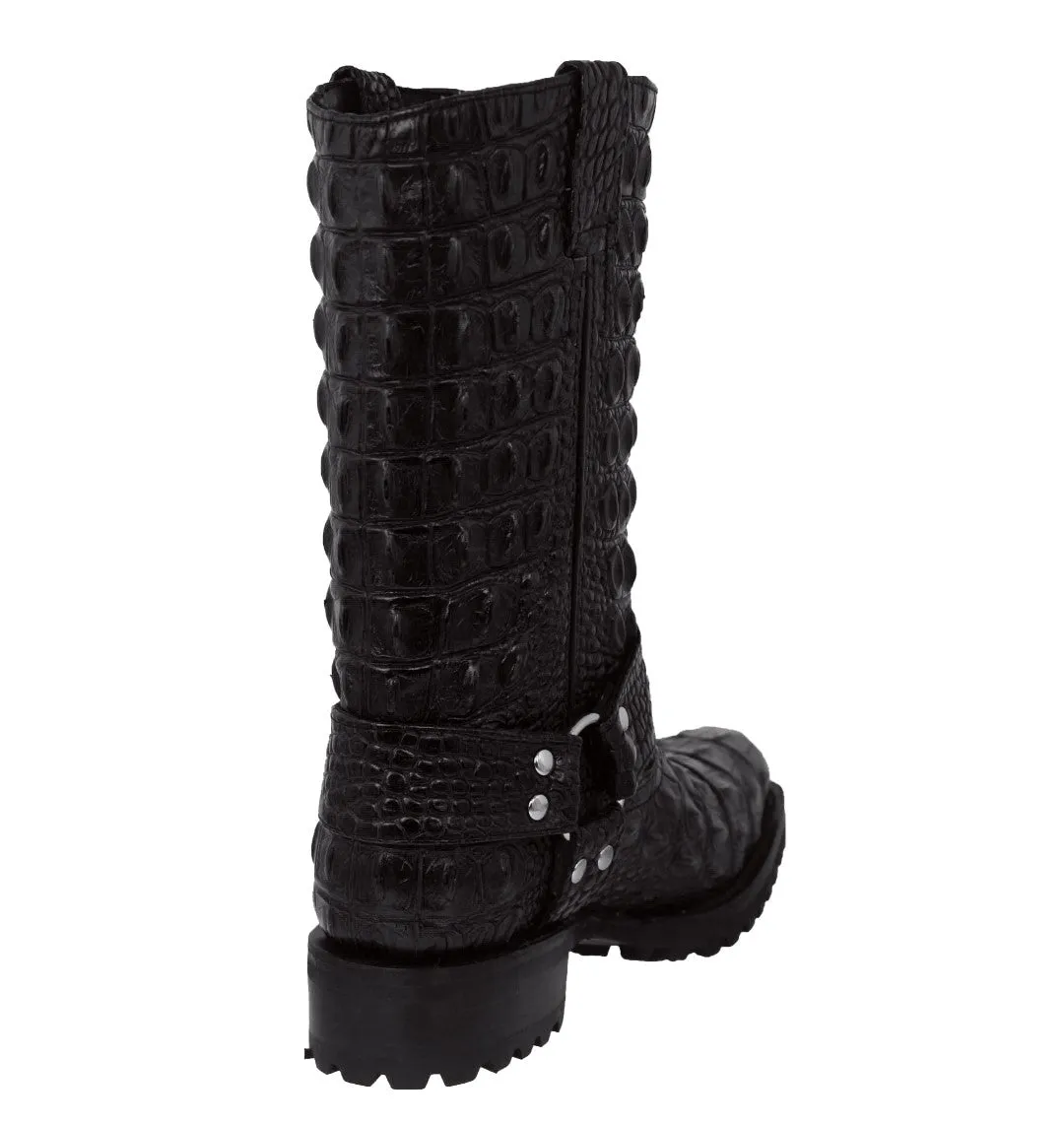 Mens Black Motorcycle Boots Crocodile Back Print - Square Toe