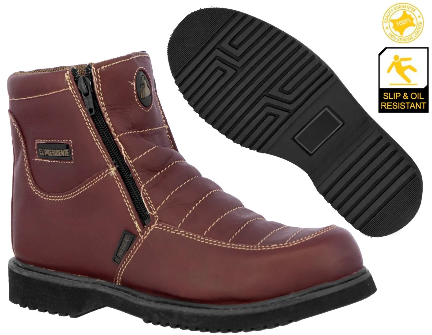 Mens Burgundy Work Boots Genuine Leather Slip Resistant Zipper Trabajo