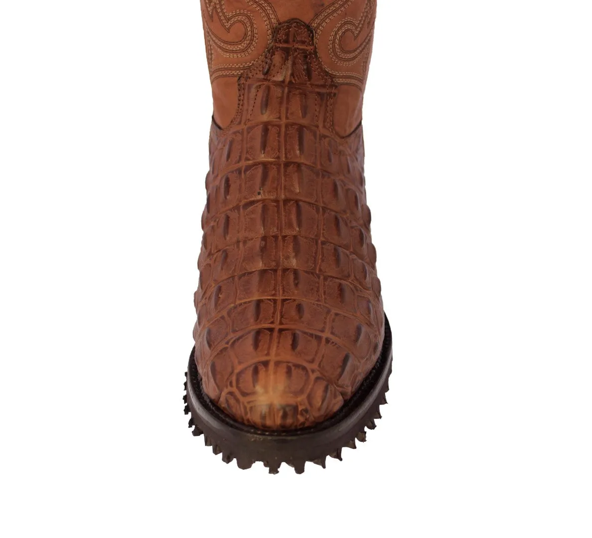 Mens Cognac Motorcycle Boots Crocodile Back Cut Print - Round Toe