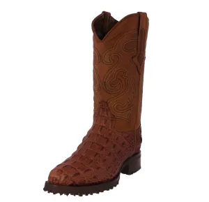 Mens Cognac Motorcycle Boots Crocodile Back Cut Print - Round Toe