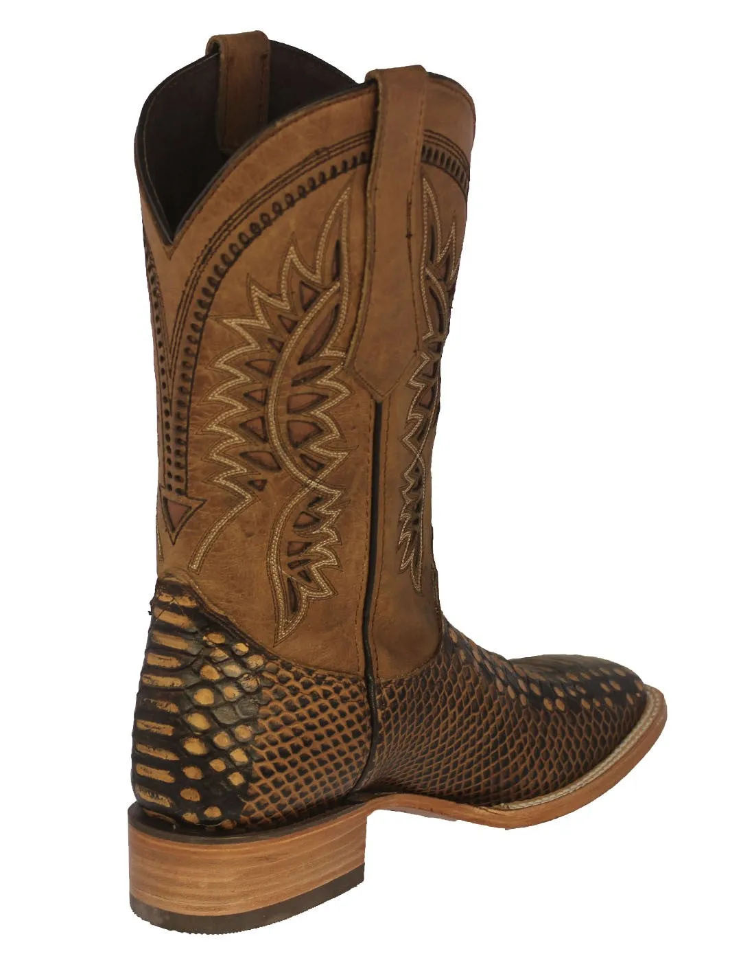 Mens Honey Brown Snake Print Leather Cowboy Boots - Square Toe