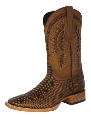 Mens Honey Brown Snake Print Leather Cowboy Boots - Square Toe