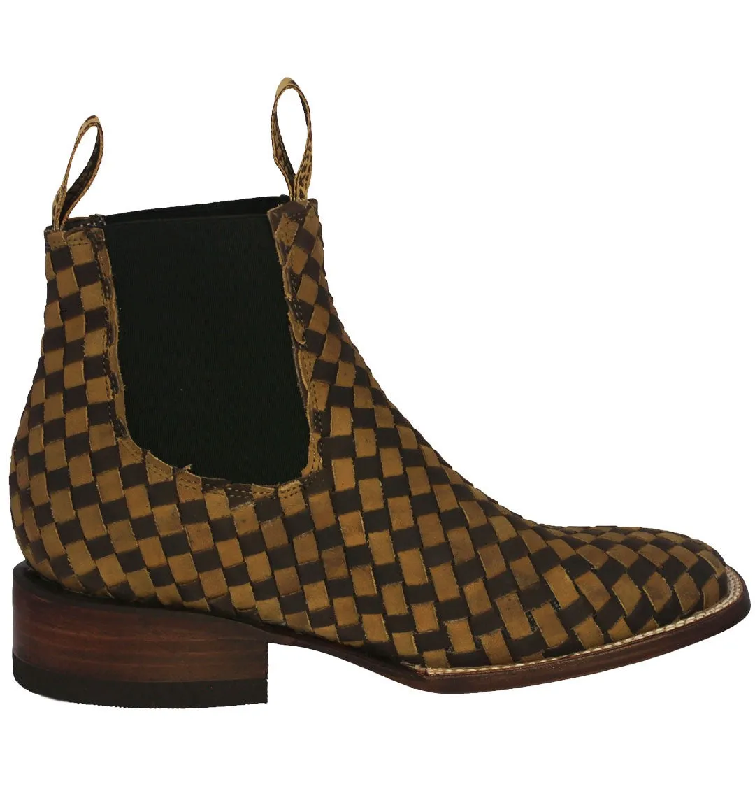 Mens Petatillo Honey Brown Chelsea Boots Woven Leather - Square Toe