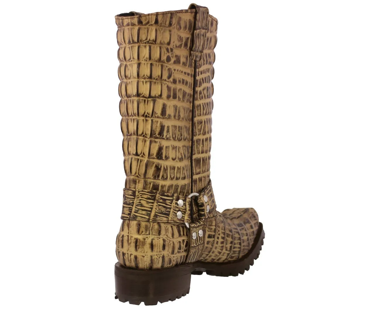 Mens Rustic Sand Motorcycle Boots Crocodile Tail Print - Square Toe