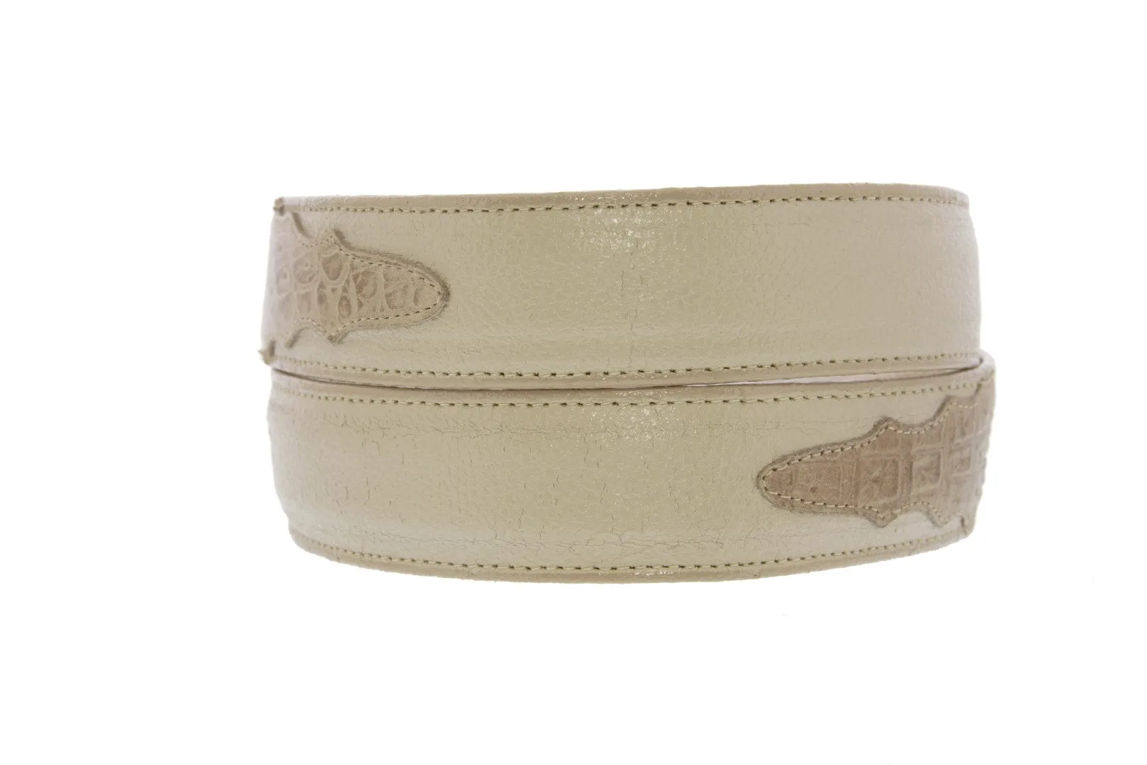 Mens Sand Crocodile Belly Overlay Print Leather Cowboy Belt - Silver Buckle