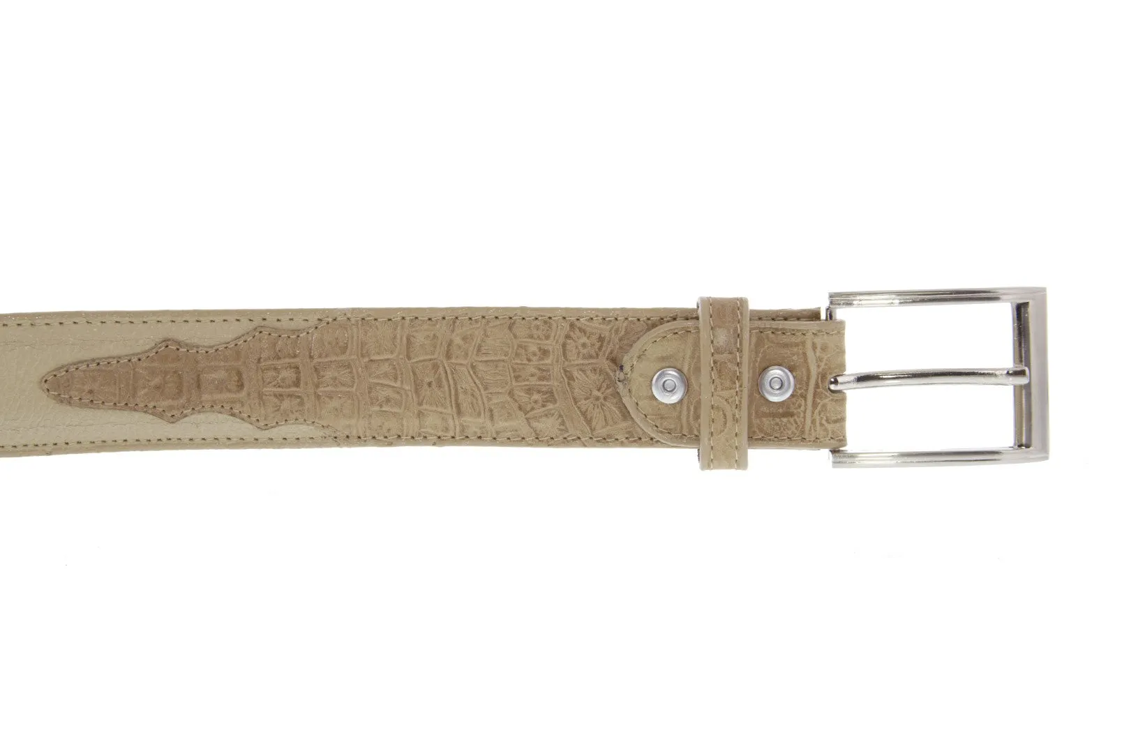 Mens Sand Crocodile Belly Overlay Print Leather Cowboy Belt - Silver Buckle