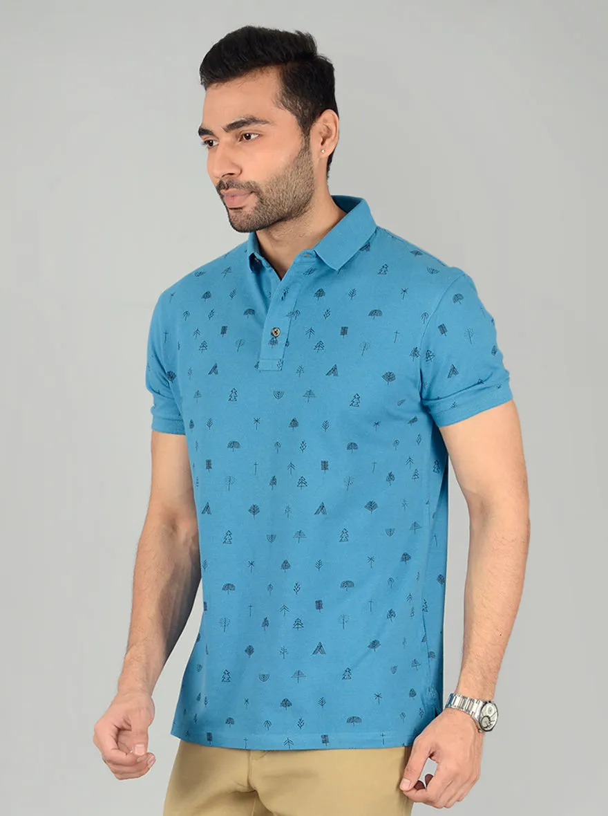 Ocean Blue Printed Slim Fit Polo T-Shirt | JadeBlue