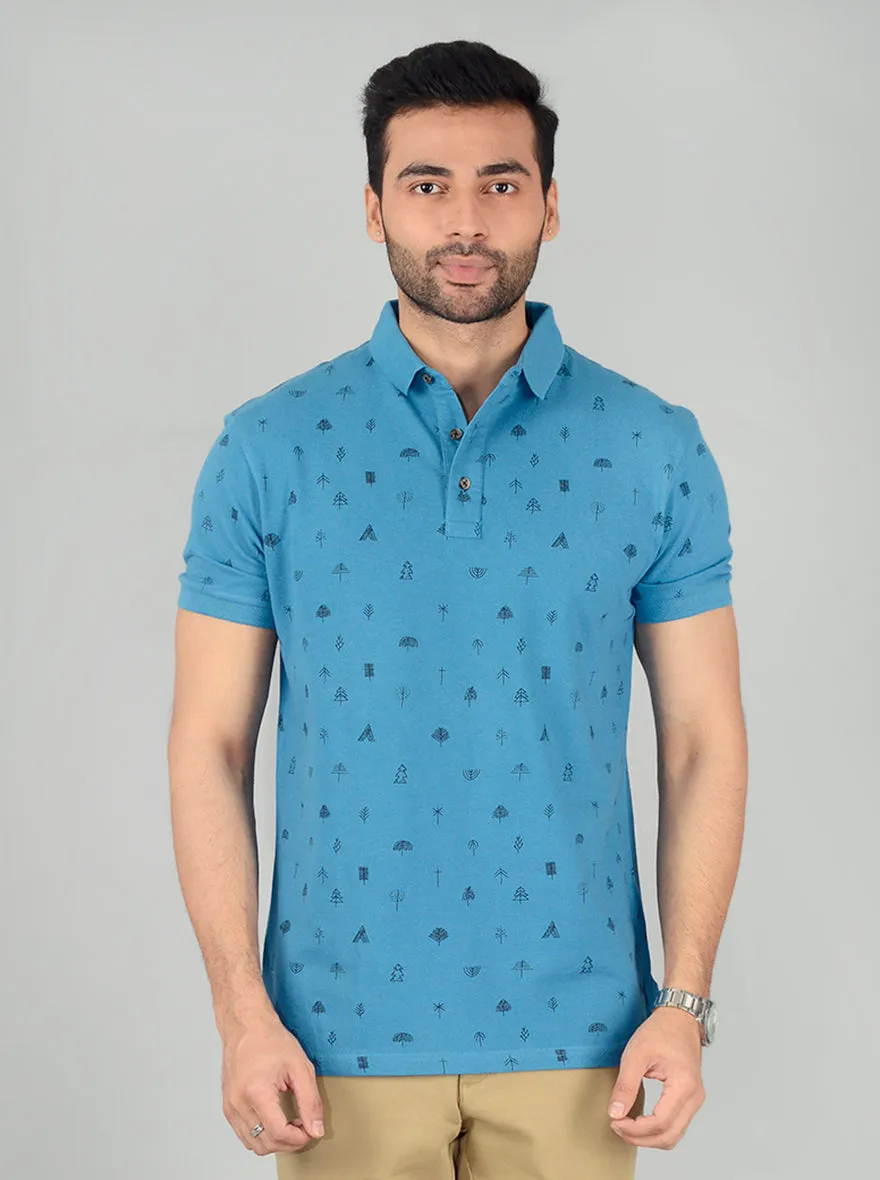 Ocean Blue Printed Slim Fit Polo T-Shirt | JadeBlue