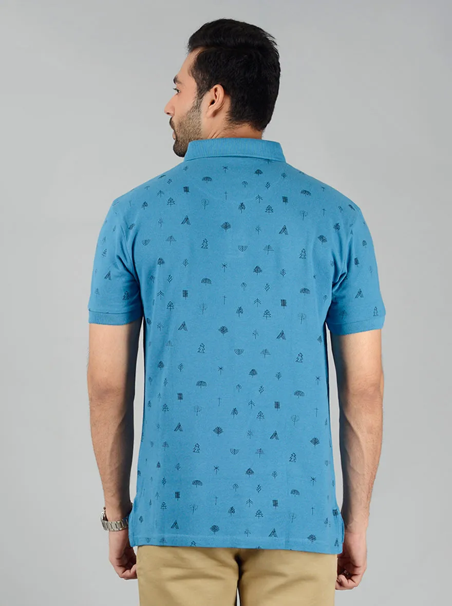 Ocean Blue Printed Slim Fit Polo T-Shirt | JadeBlue