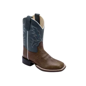 Old West Youth Unisex Broad Square Toe Brown Pillow Blue Leather Boots