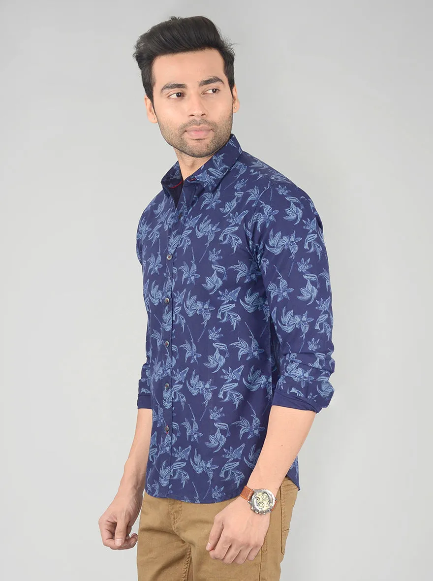 Peacoat Blue Printed Slim Fit Casual Shirt | Greenfibre