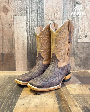 "DISTRESSED" TOOLED LEATHER | MEN SQUARE TOE WESTERN COWBOY BOOTS