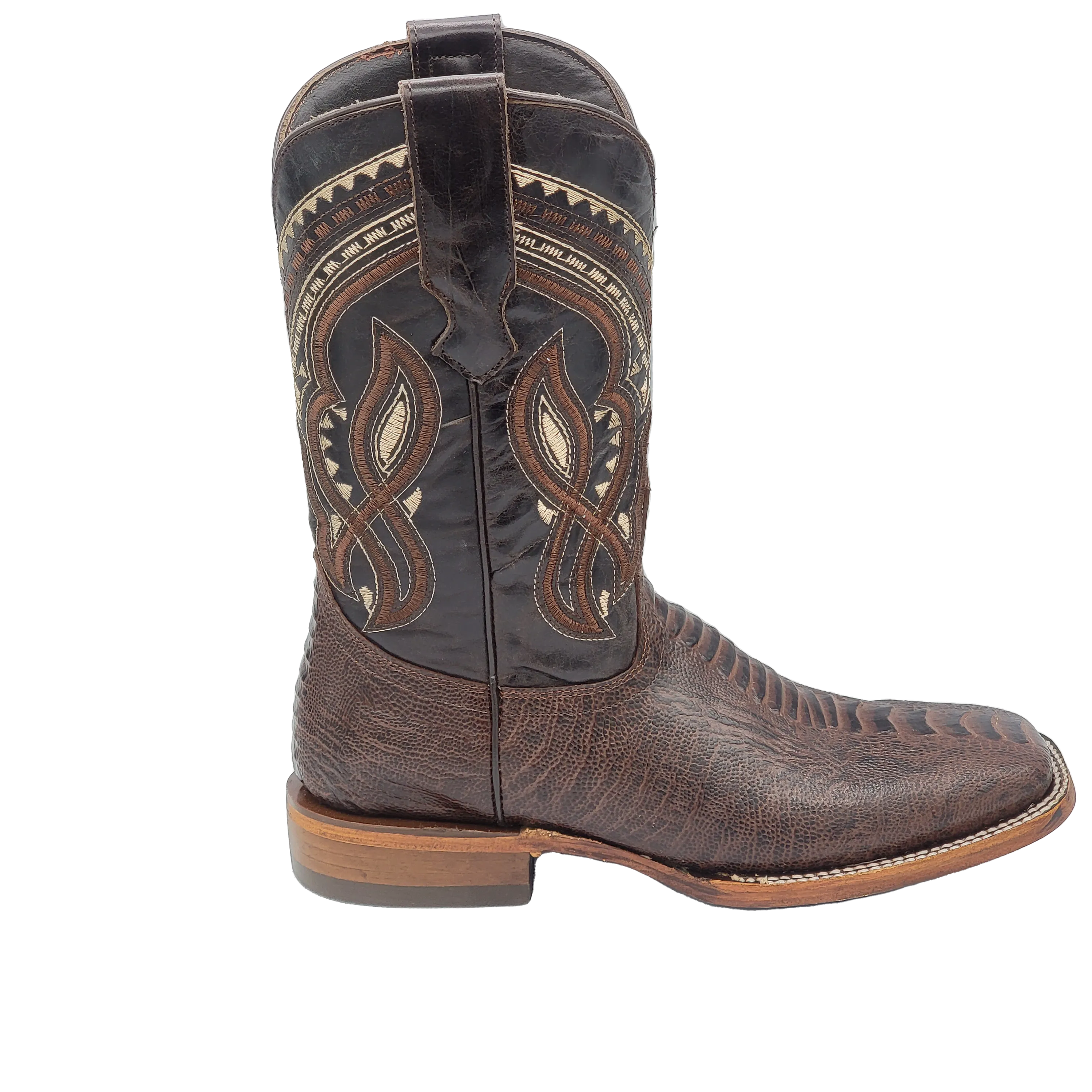 Silverton Ostrich Leg Print Leather Wide Square Toe Boots (Brown)