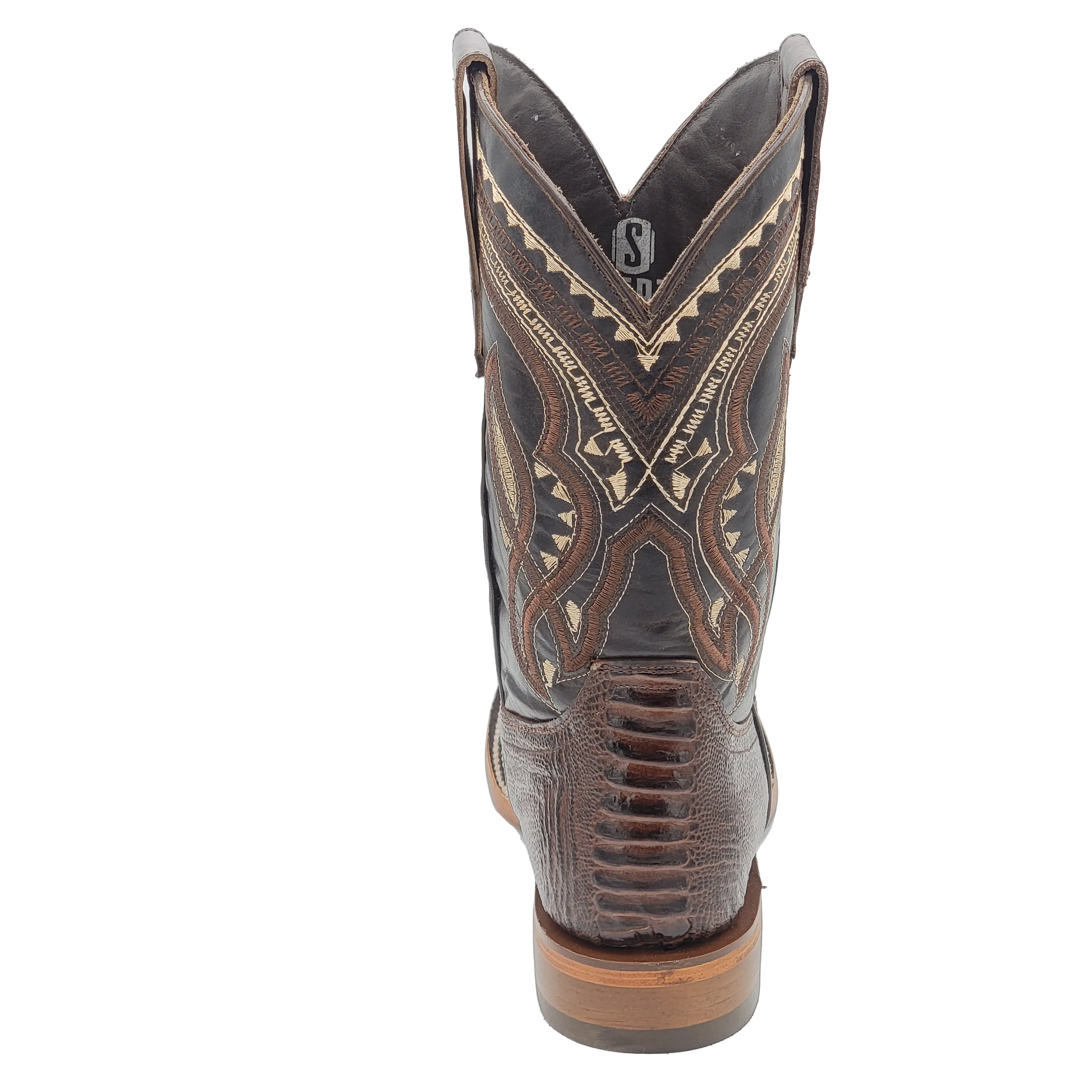 Silverton Ostrich Leg Print Leather Wide Square Toe Boots (Brown)