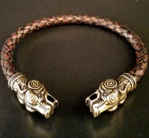 Wolf Torc Bracelet Bronze Brown Leather